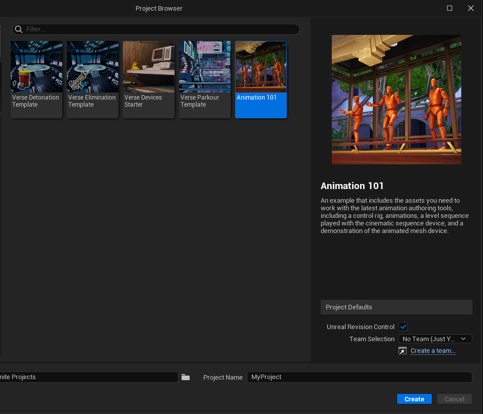 Screenshot of Unreal Editor for Fortnite (UEFN), from the feature examples section of the project browser.