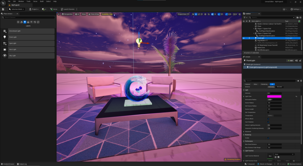 Screenshot of Unreal Editor for Fortnite (UEFN). Tools for changing lighting effects.
