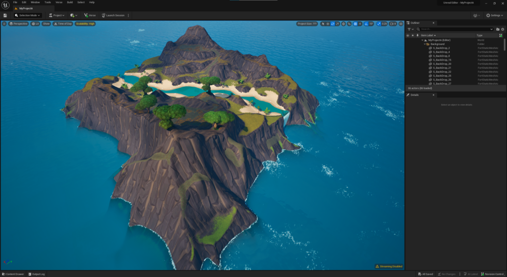 Screenshot of Unreal Editor for Fortnite (UEFN), tropical island template.