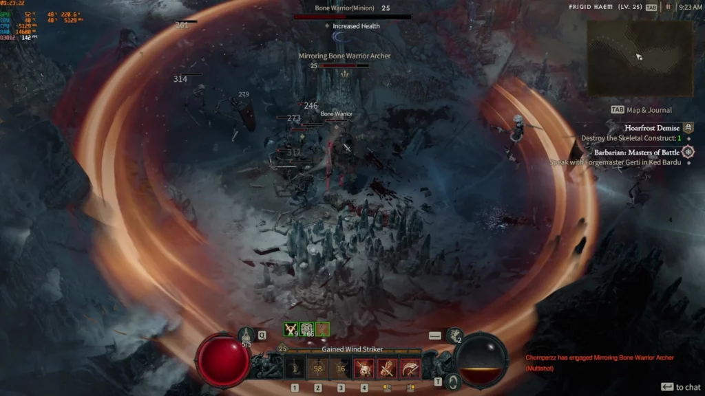 Screenshot of Diablo 4 beta gameplay as Barbarian class. Diablo 4 is the property of Activision-Blizzard. 2023 PC game releases.