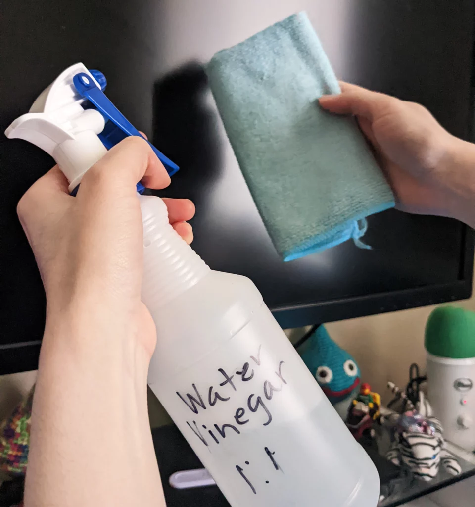 Clean your PC setup - monitor - Use vinegar and water solution with clean microfiber cloth
