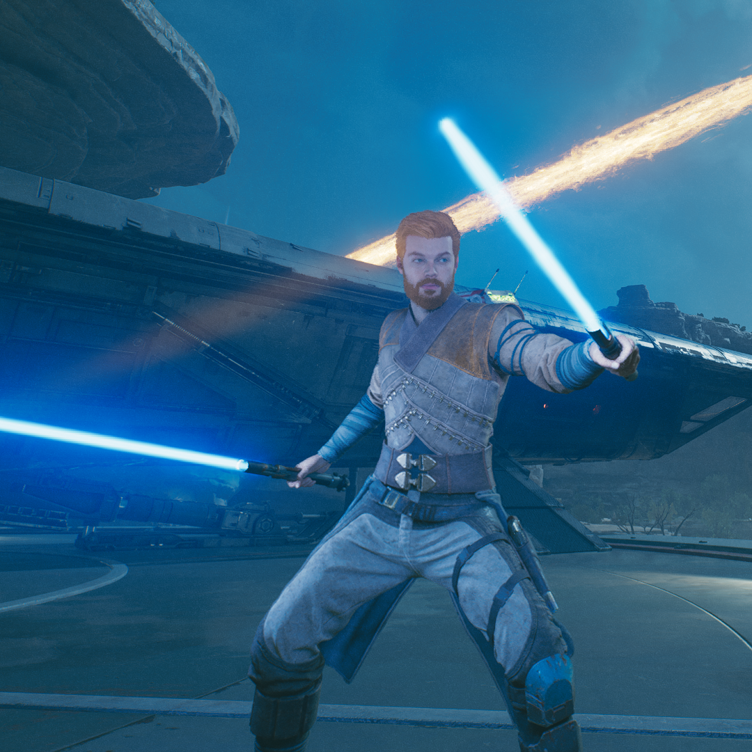 Star Wars Jedi: Survivor PC Requirements. Cal Kestis standing with lightsabers drawn.