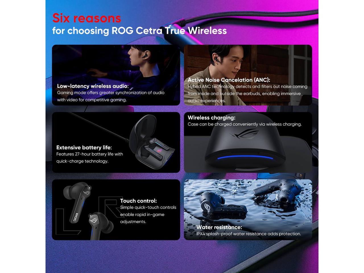 ASUS ROG Cetra True Wireless Gaming Earbuds, Low-Latency Bluetooth Earbuds,  Active Noise Cancelation, 27-Hour Battery Life, IPX4 Water Resistance