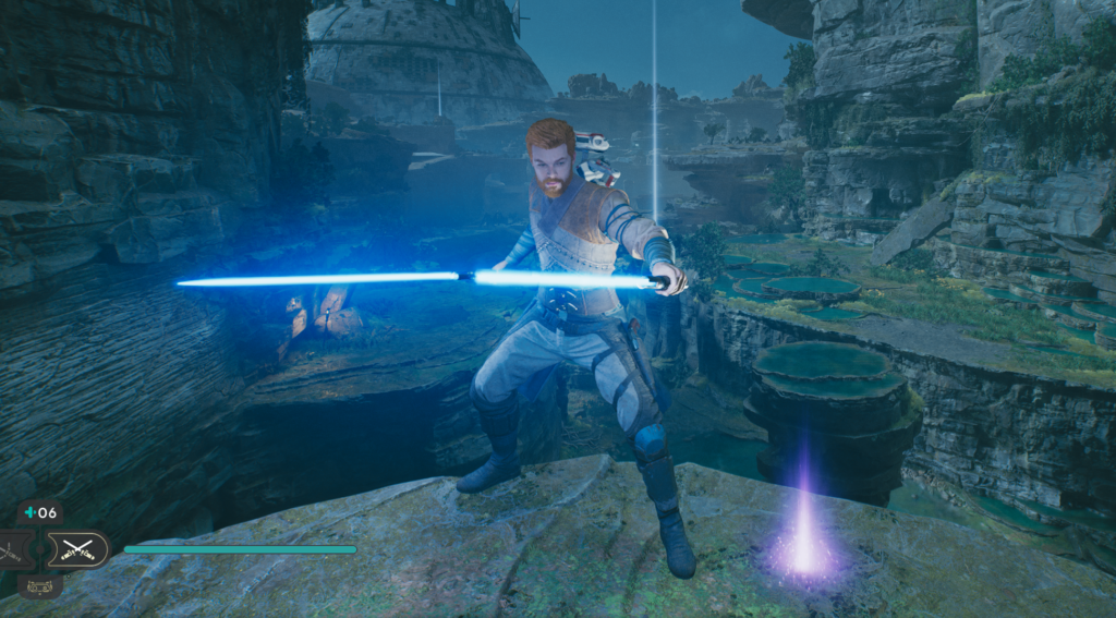 Star Wars Jedi: Survivor PC requirements. Screenshot of Cal Kestis facing the camera with lightsabers drawn.