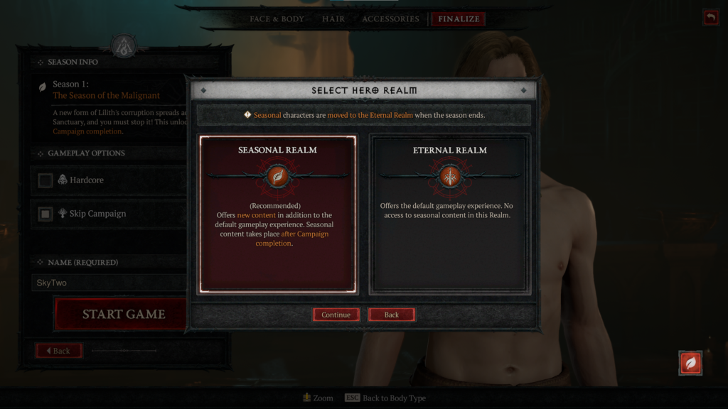 Diablo IV season 1 - realm selection during character creation