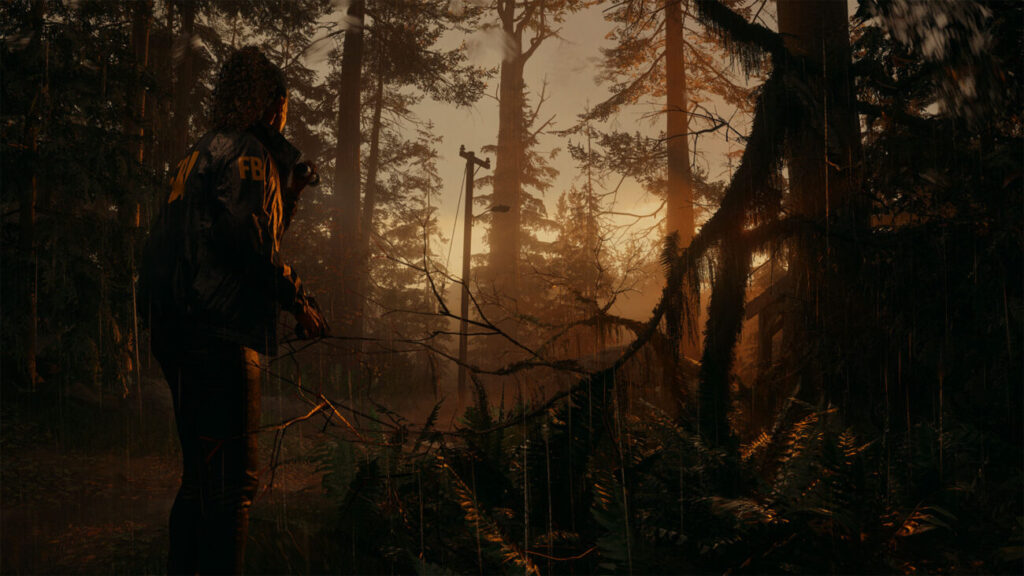 October 2023 PC game releases - Person in FBI jacket facing a wooded area in low light.