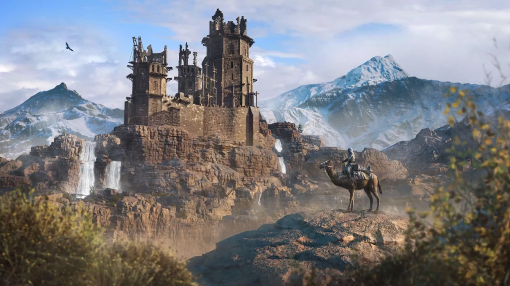 October 2023 PC game releases - hooded figure on a camel looking at a castle like building on a rocky mountain.