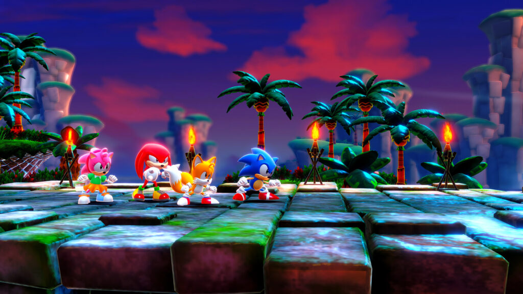 October 2023 PC game releases - Sonic Superstars - 4 characters lined up from left to right: Amy Rose, Knuckles, Tails, and Sonic, on a platforming plane of large mossy bricks.