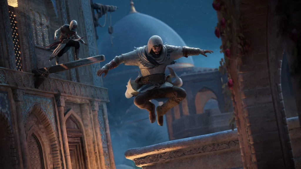 Assassin's Creed Mirage PC Requirements - hooded figures jumping on building architecture