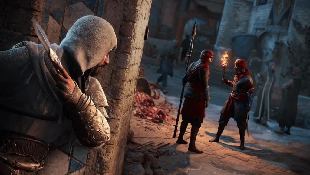 Assassin's Creed Mirage PC Requirements - Hooded figure with a blade hiding behind a pillar looking at two guards