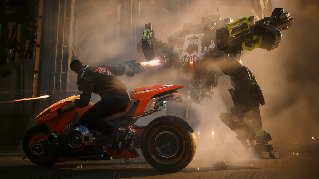 Cyberpunk 2077: Phantom Liberty PC requirements - character on a motorcycle shooting a mecha.