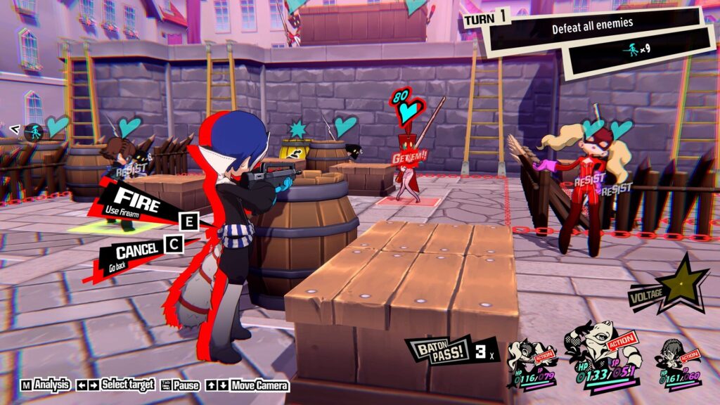 November 2023 PC game releases - Persona 5 Tactica - combat scene in close third person POV looking at enemies in a paved area with some cover.